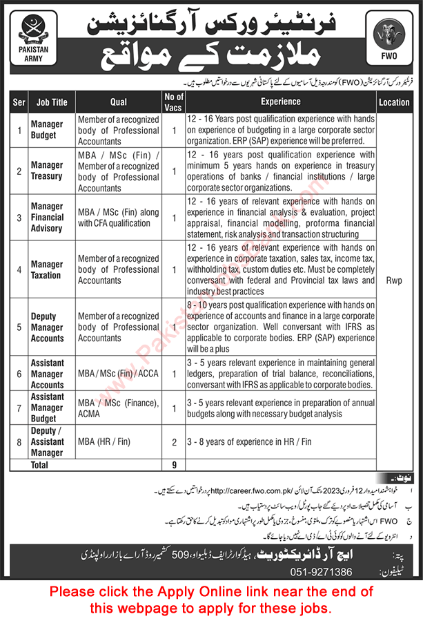 FWO Jobs 2023 Apply Online Deputy / Assistant Managers Frontier Works Organization Latest