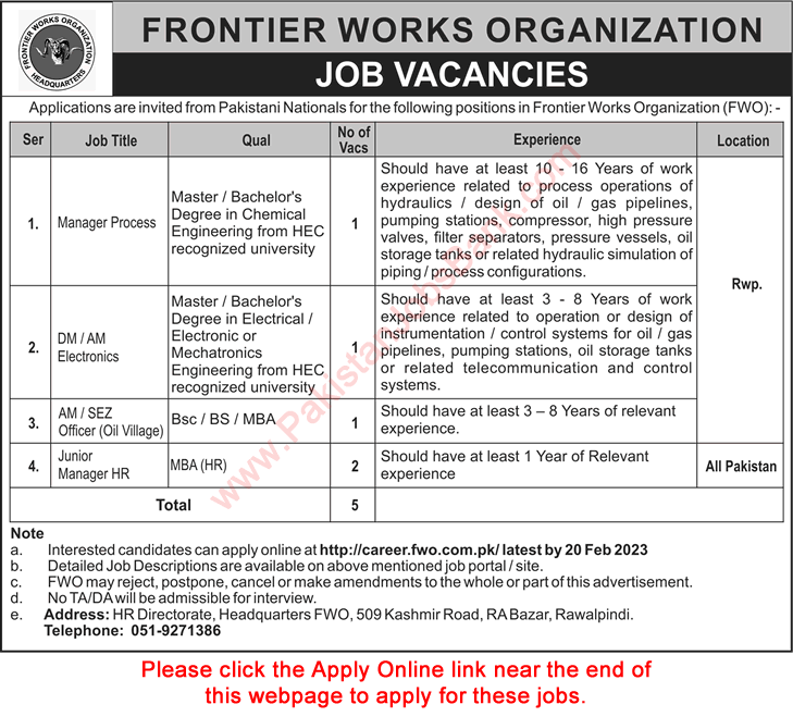 FWO Jobs 2023 February Apply Online Assistant HR Managers & Others Latest