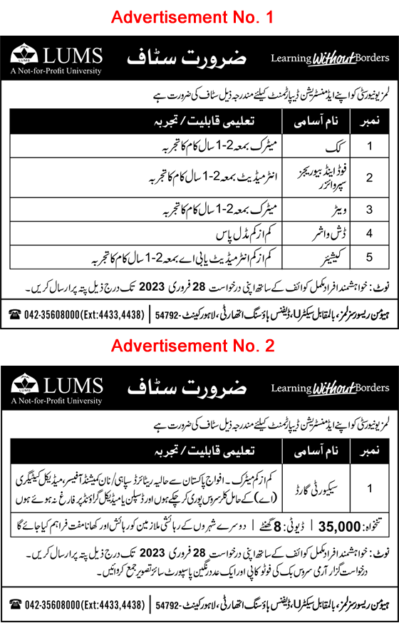 LUMS University Lahore Jobs 2023 February Cook, Waiters, Security Guards & Others Latest