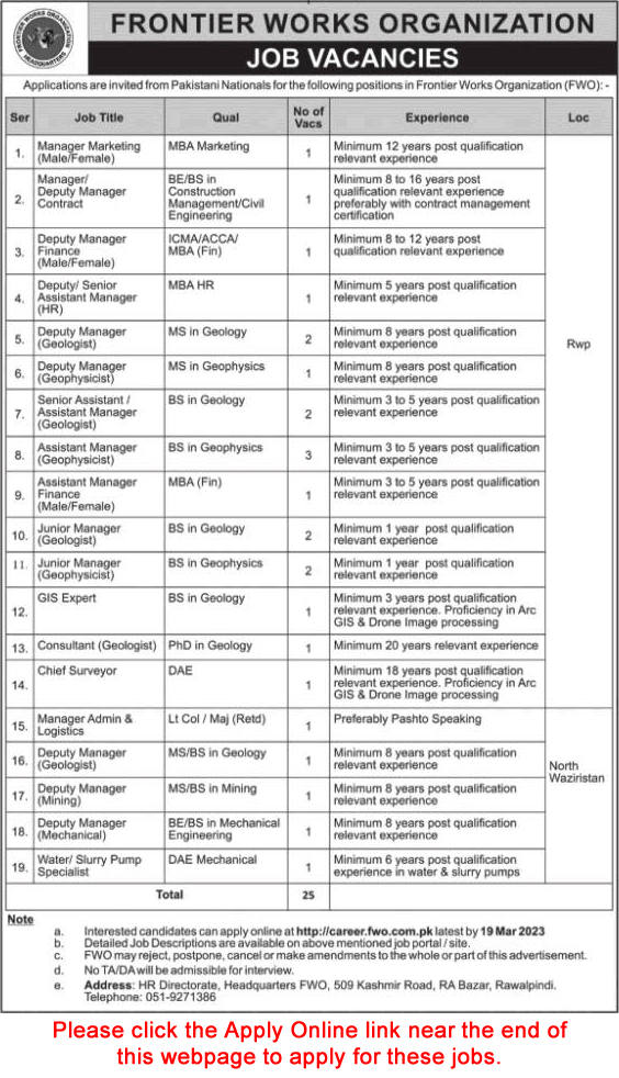 FWO Jobs March 2023 Apply Online Deputy / Assistant Managers & Others Latest
