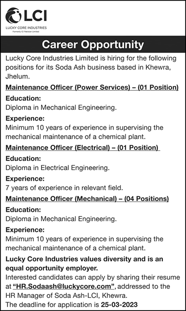 Maintenance Officer Jobs in Lucky Core Industries Limited Khewra Jhelum 2023 March Latest
