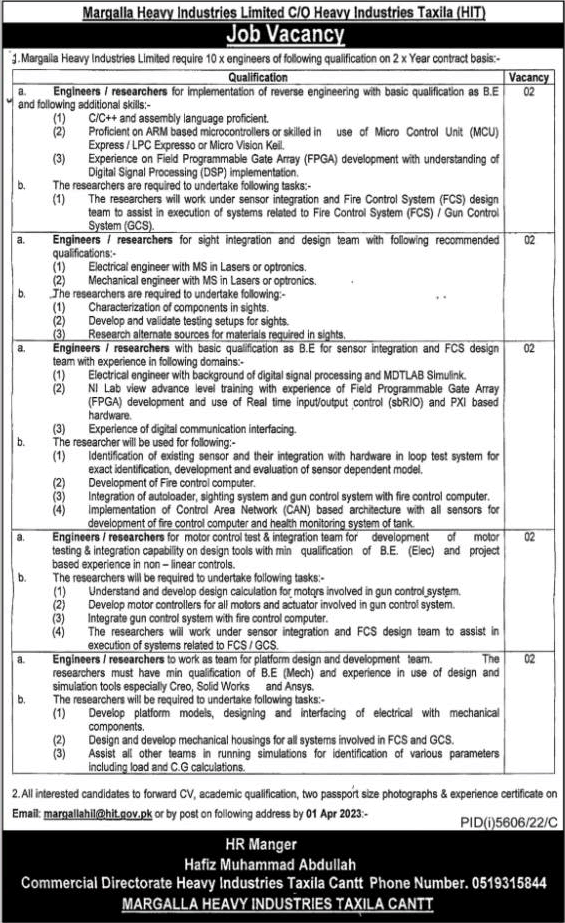 Margalla Heavy Industries Taxila Jobs 2023 March Engineers / Researchers HIT Latest