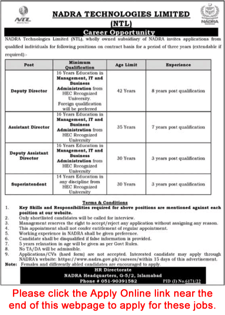 NADRA Technologies Limited Islamabad Jobs April 2023 Apply Online Deputy / Assistant Directors & Superintendent Latest