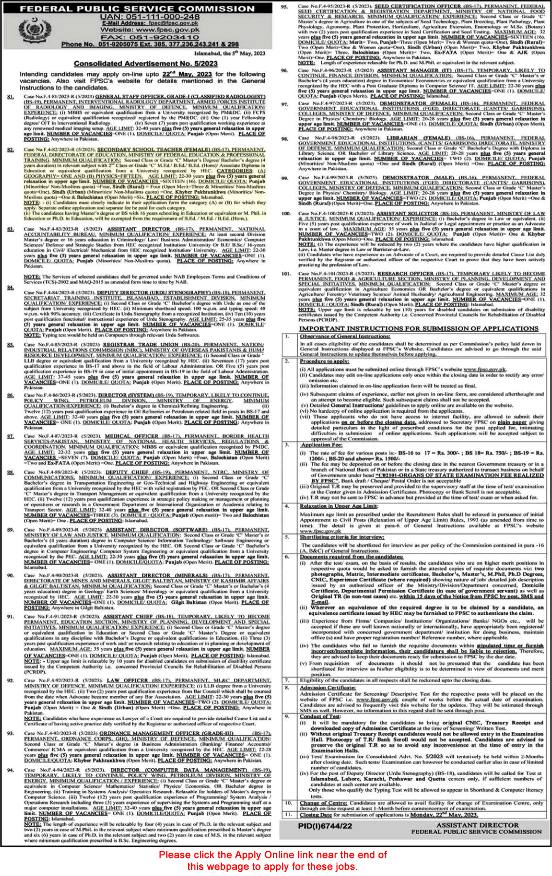 Secondary School Teacher Jobs in Federal Directorate of Education 2023 May FPSC Apply Online Latest