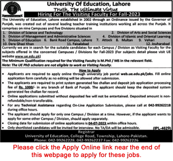 Visiting Faculty Jobs in University of Education Lahore 2023 June Apply Online Latest