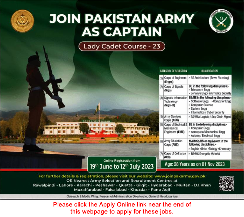 Join Pakistan Army as Captain through Lady Cadet Course 2023 June Online Registration Latest
