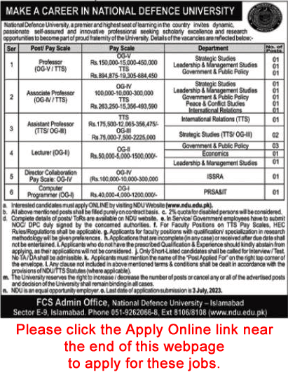 National Defence University Islamabad Jobs June 2023 Apply Online Teaching Faculty & Others Latest