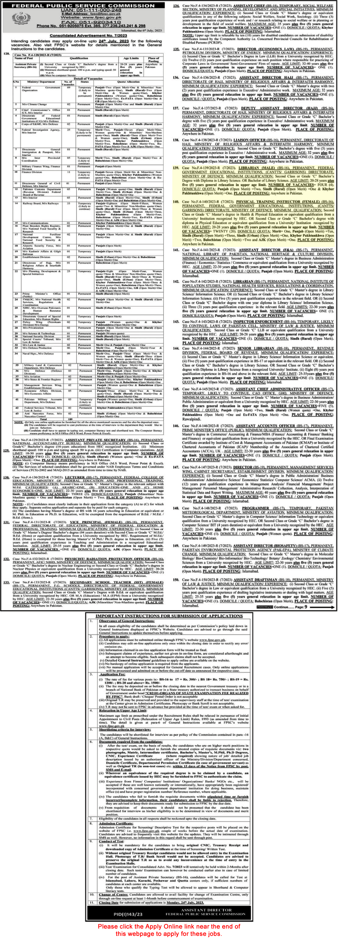Federal Government Educational Institution Jobs July 2023 FPSC Apply Online Librarian & PTI Latest