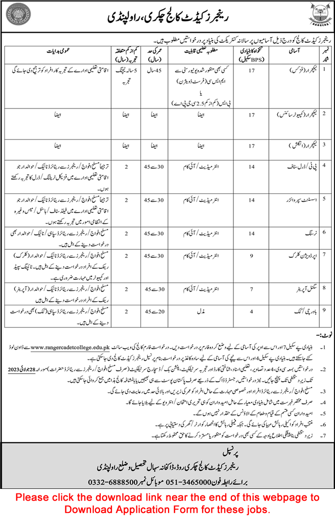 Rangers Cadet College Rawalpindi Jobs 2023 July Application Form Lecturers & Others Latest