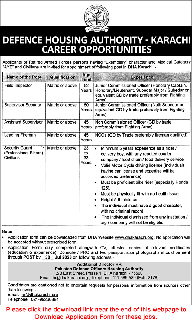 DHA Karachi Jobs July 2023 Application Form Field Inspector, Security Guard & Others Latest