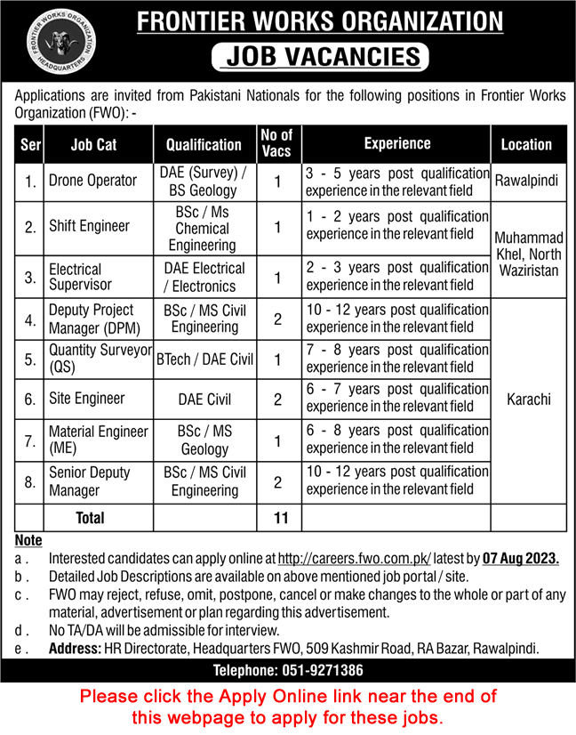 FWO Jobs July 2023 Apply Online Site / Civil Engineers & Others Frontier Works Organization Latest
