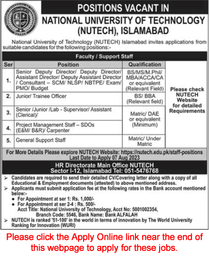 NUTECH University Islamabad Jobs July 2023 August Apply Online Trainee Officers & Others Latest