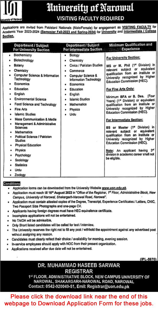 Visiting Faculty Jobs in University of Narowal July 2023 August Application Form Latest