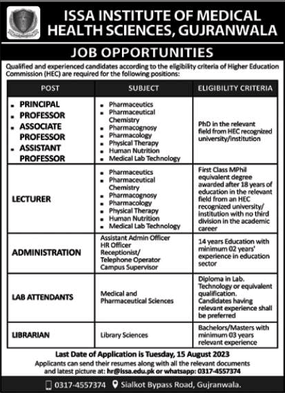 ISSA Institute of Medical Health Sciences Gujranwala Jobs 2023 August Teaching Faculty & Others Latest