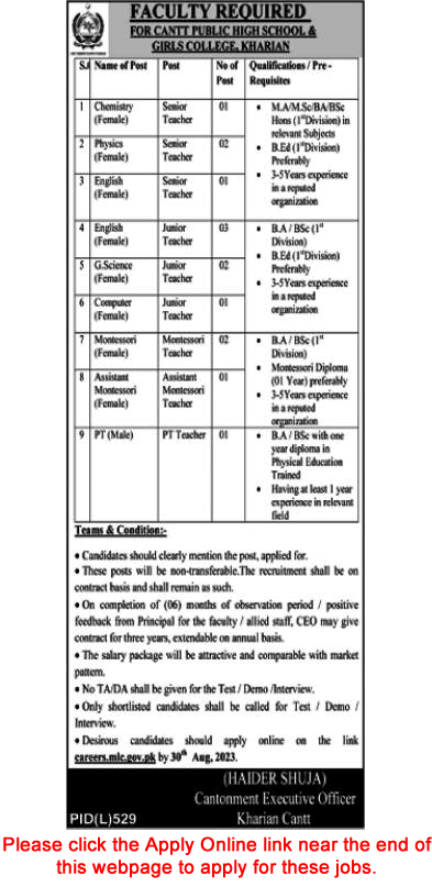 Teaching Faculty Jobs in Cantt Public High School and Girls College Kharian 2023 August Apply Online Latest