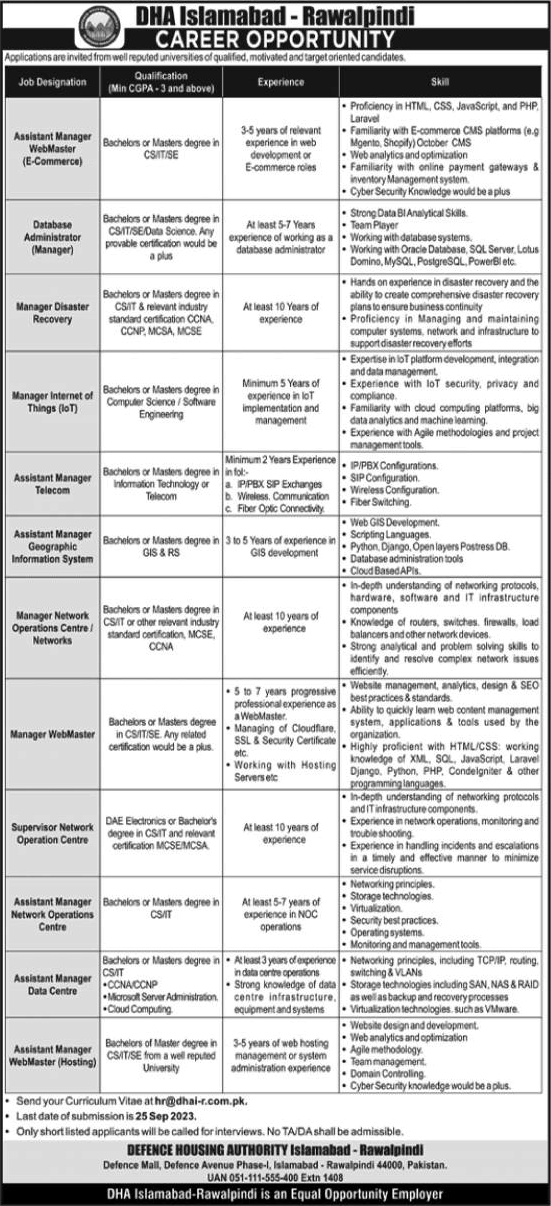 DHA Islamabad / Rawalpindi Jobs September 2023 Assistant Manager & Others Defence Housing Authority Latest