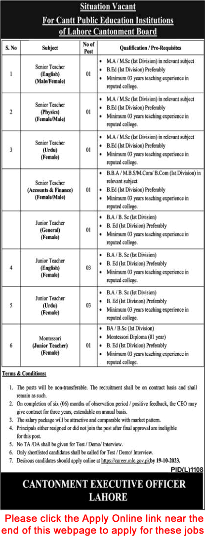 Teaching Jobs in Cantt Public Education Institutions Lahore 2023 October Apply Online Latest