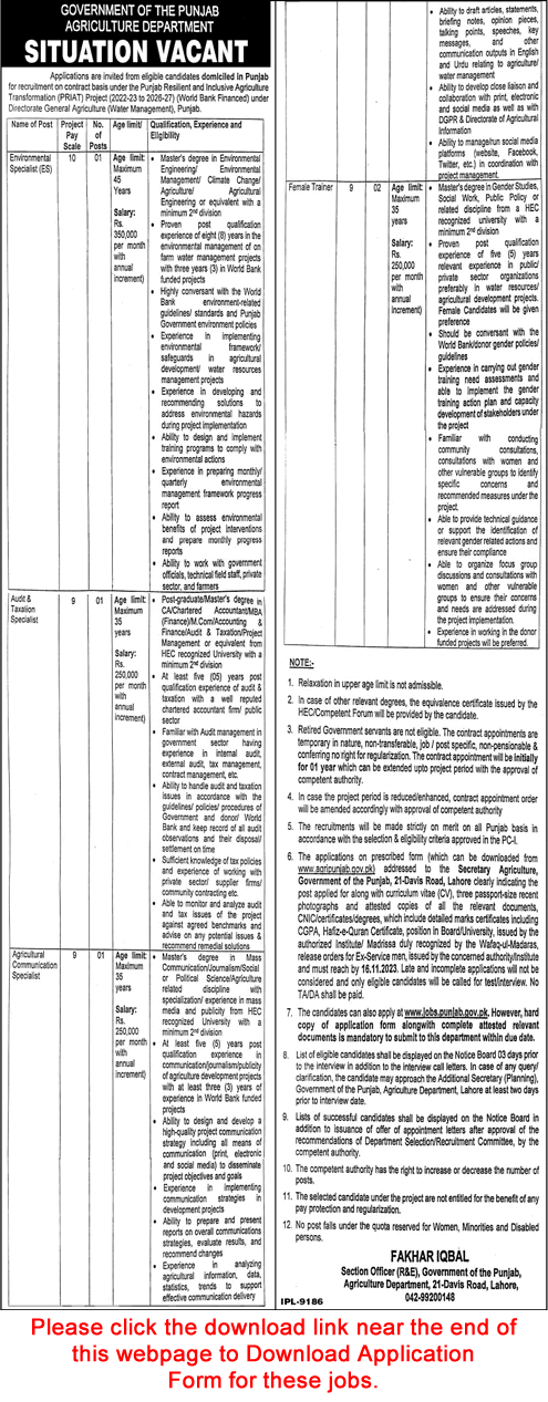 Agriculture Department Punjab Jobs November 2023 Application Form Female Trainers & Others Latest