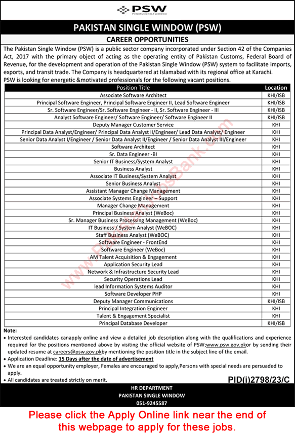 Pakistan Single Window Jobs November 2023 Apply Online PSW Analysts, Software Engineers & Others Latest