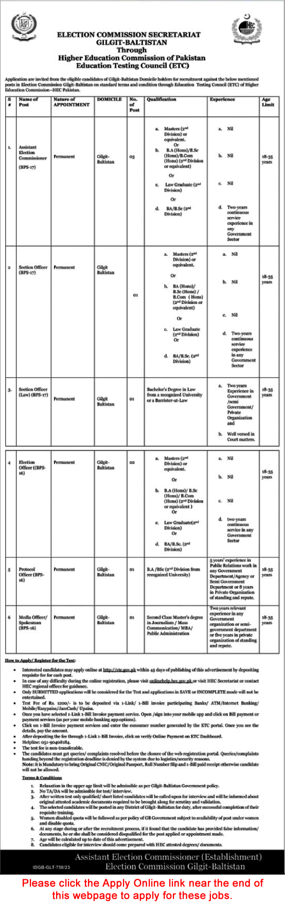 Election Commission Gilgit Baltistan Jobs 2023 November ETC Online Apply ECP Latest