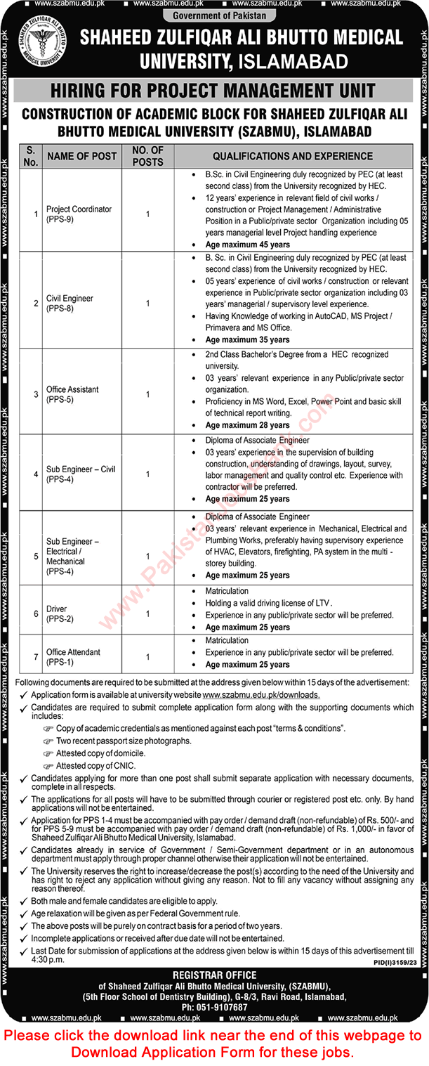Shaheed Zulfiqar Ali Bhutto Medical University Islamabad Jobs 2023 November SZABMU Application Form Latest
