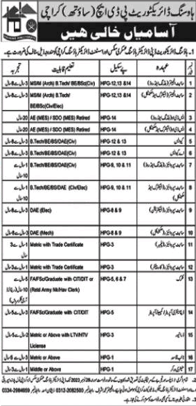Housing Directorate Karachi Jobs 2023 November PDH Site Supervisors, Engineers & Others Latest
