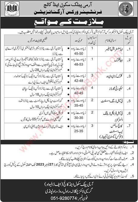 Army Public School and College Rawalpindi Jobs November 2023 FWO Security Guards & Others Latest