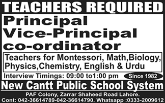 New Cantt Public School System Lahore Jobs 2024 February Teachers & Others Latest