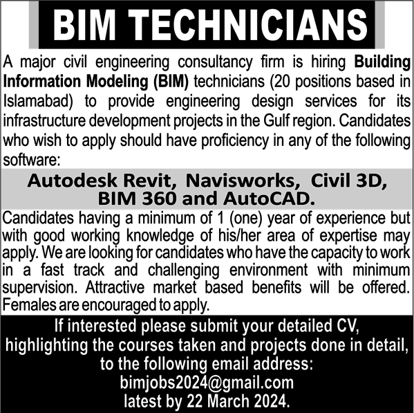 BIM Jobs in Pakistan March 2024 Islamabad Building Information Modelers / Technicians Latest