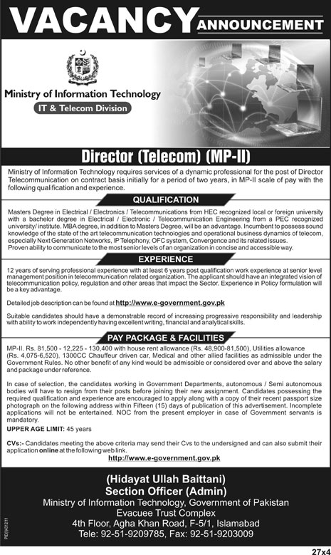Ministry of Information Technology (Govt Jobs) Requires Director-Telecom