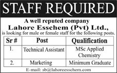 Lahore Esschem Pvt. Ltd. Requires Staff