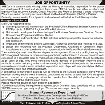 SMEDA (Govt. Jobs) Requires Manager-Balochistan