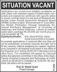 Research Associate Required at Punjab Agricultural Research Board (PARB) (Govt. job)