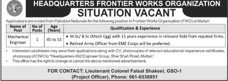 FWO Frontier Works Organization Requires Mechanical Engineer (Govt .job)