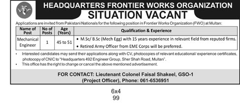 FWO Frontier Works Organization Requires Mechanical Engineer (Govt .job)