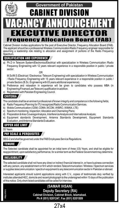 Cabinet Division Government of Pakistan Requires Executive Director (FAB) (Govt. jo)