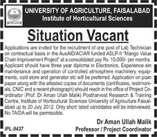 Lab Technician Job at University of Agriculture Faisalabad (Govt. job)