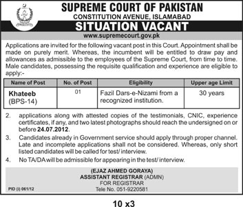 Khateeb Required at Supreme Court of Pakistan (Govt. job)