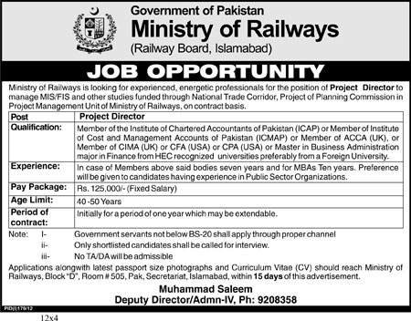Pakistan Railways Requires Project Director Under Ministry of Railways (Government Job)