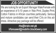Export Manager Required Under Textile Sector