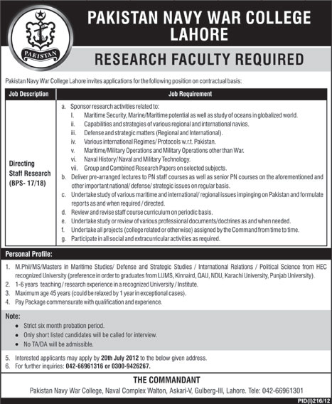 Pakistan Navy War College Requires Directing Staff Research (Government Job) (Pakista Navy Job)