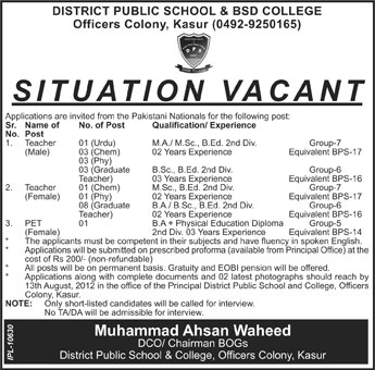 Teaching Staff Required at District Public School & BSD College