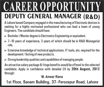 Deputy General Manager (R&D) Required by Electronics Devices Manufacturing Company