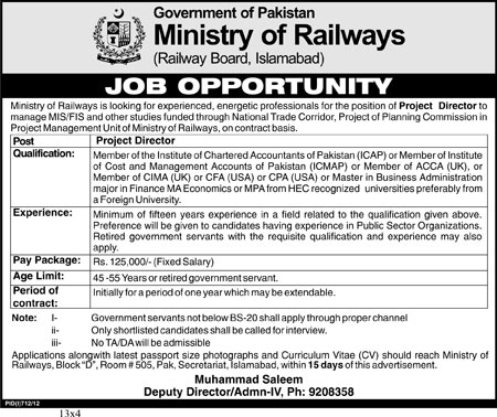 Ministry of Railways Government of Pakistan Requires Project Director (Government Job)