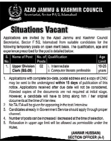 Upper Divisional Clerk Required at Azad Jammu & Kashmir Council (Government Job)