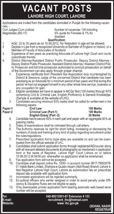Civil Judges-cum-Judicial Magistrates Required at Lahore High Court (Government Job)