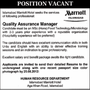 Food Quality Assurance Manager Required at Marriott Islamabad