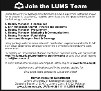 LUMS Lahore University of Management Sciences Requires Senior Management Staff