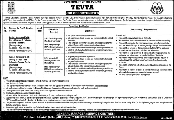 TEVTA Requires Project Managers (Government Job)