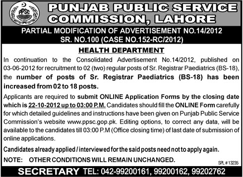 Sr. Registrar Paediatrics Required Under PPSC in Health Department Punjab (PPSC job) (Government Job)
